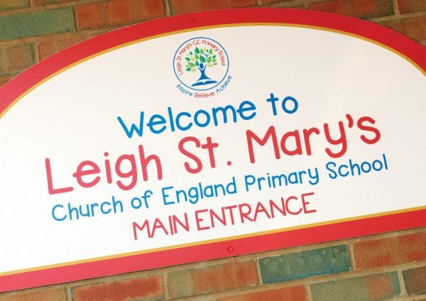 Primary school wall displays and external signs for Leigh St Mary's