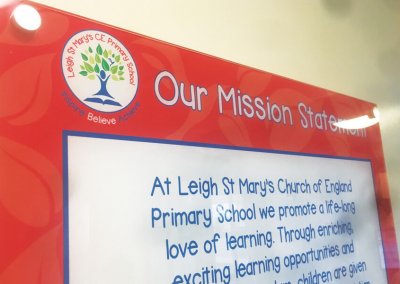 Primary school wall displays and external signs for Leigh St Mary's